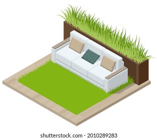 Isometric Green Wall in Office. Comfortable Sofas and Green Plants. Rest Area at the Front Desk of the Modern Office.