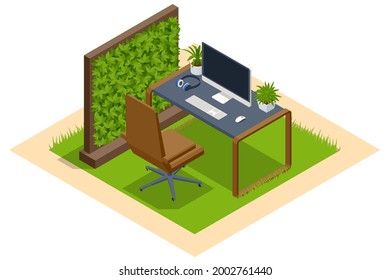 Isometric Green Wall in Office. Isometric Green Wall in Office. Contemporary eco office room with computers and green grass