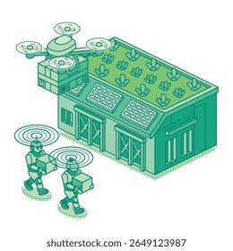 Isometric green warehouse with solar panels, a delivery drone, and robots carrying packages. Concept of smart logistics, automation, and sustainable technology. Vector illustration.