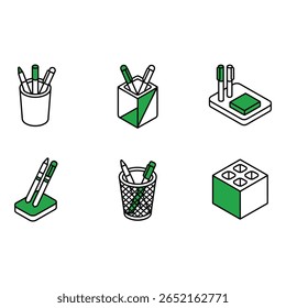 Isométrica verde e branco porta-canetas moderno material de escritório ícones minimalista design organizado espaço de trabalho Conceito