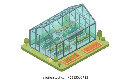 Isometric greenhouse backyard garden vector illustration featuring glass greenhouse structure with growing plants.
