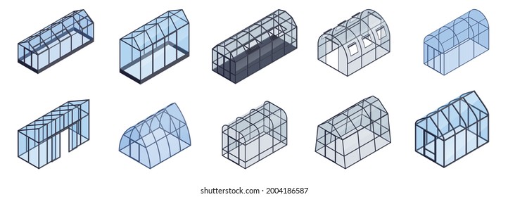 Isometric greenhouse color icon set square and oval rounds sizes with straight and sloping roofs vector illustration