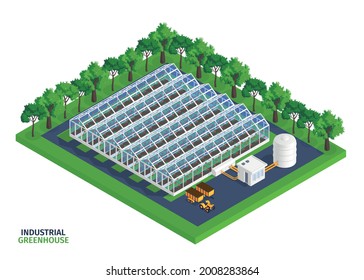 Isometric greenhouse composition with industrial greenhouse headline and large number of beds inside vector illustration  svg