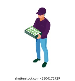 Isometric greenhouse composition with isolated human character performing cultivation works vector illustration