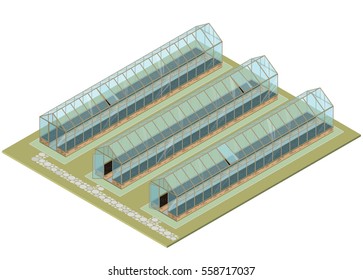 Isometric greenhouse with glass walls, foundations, gable roof, garden bed. Mass farm for growing plants. Vector horticultural conservatory for vegetables and flowers. Greenhouse cultivate gardening.