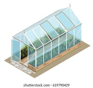 Isometric greenhouse with glass walls, foundations, gable roof, garden bed, white background. Vector horticultural conservatory for growing vegetable, flowers. Classic cultivate greenhouse gardening.