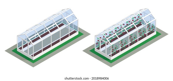 Isometric greenhouse growing icon set one empty and other planted with seedlings vector illustration