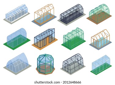 Isometric greenhouse icon set different sizes of styles with glass windows iron and wooden frames vector illustration