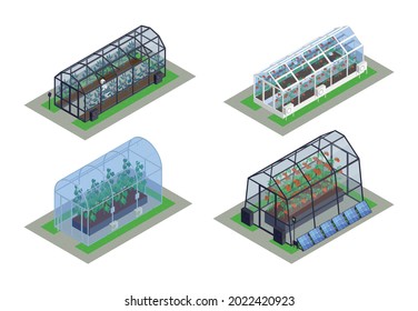 Isometric greenhouse modern smart icon set four different sized greenhouses with seedlings inside vector illustration