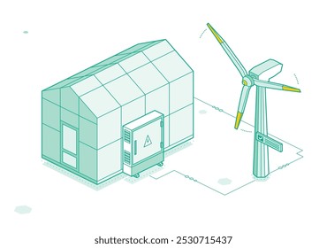 Estufa isométrica com turbina eólica. Ilustração vetorial. Concepção agrícola e hortícola. Porta fechada. Objeto de estrutura de tópicos isolado no plano de fundo branco. Casa de vidro. Estilo de vida ecológico.