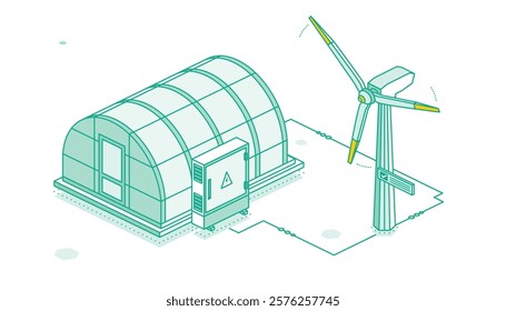 Isometric greenhouse with wind turbine. Vector illustration. Farming and horticulture concept. Closed door. Outline object isolated on white background. Glass house. Ecology lifestyle.