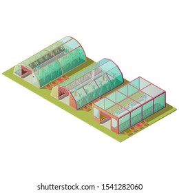 Isometric greenhouses set, farm hothouse buildings of different shapes for growing plants with glass windows and automatic lifting door isolated on white background. 3d vector illustration, clip art svg