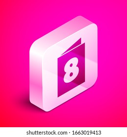 Isometric Greeting card with 8 March icon isolated on pink background. International Happy Women Day. Silver square button. Vector Illustration