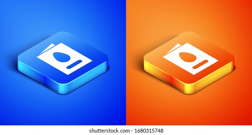 Isometric Greeting card with Happy Easter icon isolated on blue and orange background. Celebration poster template for invitation or greeting card. Square button. Vector Illustration