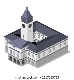 Isometric, grey big town hall with tower. City architecture.