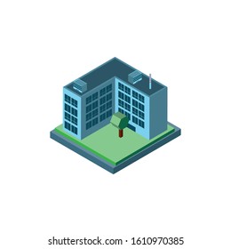 Isometric grey building with tree design, City architecture urban modern downtown contemporary metropolis exterior and construction theme Vector illustration