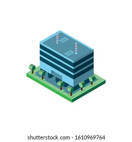 Isometric grey building with trees design, City architecture urban modern downtown contemporary metropolis exterior and construction theme Vector illustration