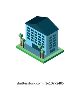 Isometric grey building with trees design, City architecture urban modern downtown contemporary metropolis exterior and construction theme Vector illustration