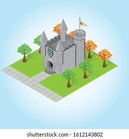 Isometric grey castle surrounded by colorful maple trees