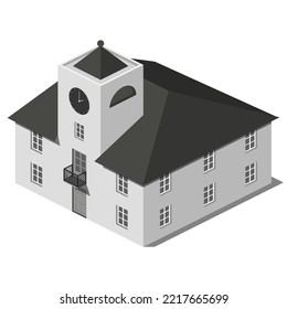 Isometric, Grey Small Town Hall With Tower. City Architecture.