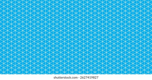 Isometric grid bg with oblique line seamless pattern. White triangular mesh on blue background. Blueprint orthographic texture. Graph paper template