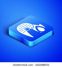 Isometric Grilled fish steak and fire flame icon isolated on blue background. Blue square button. Vector Illustration