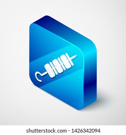 Isometric Grilled shish kebab on skewer stick icon isolated on white background. Meat kebab on skewer stick. Picnic with grilled meat. Blue square button. Vector Illustration
