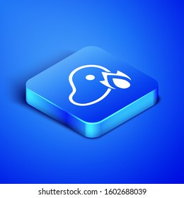 Isometric Grilled steak meat and fire flame icon isolated on blue background. Blue square button. Vector Illustration