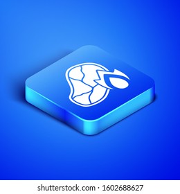 Isometric Grilled steak meat and fire flame icon isolated on blue background. Blue square button. Vector Illustration