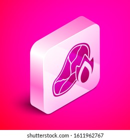 Isometric Grilled steak meat and fire flame icon isolated on pink background. Silver square button. Vector Illustration
