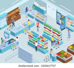 Interior de mercado de comestibles isométricos, mostrador de supermercados y mostrador de facturación. Tiendas de comestibles de clientes troleys y estantes de mercancías ilustran vectores. Tienda interior de supermercado isométrica