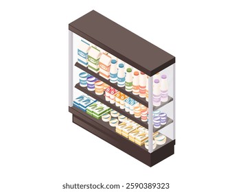 Isometric grocery shelving unit with dairy products. Multi-tier refrigerated display. Supermarket milk section. Store equipment, retail refrigerator. Vector illustration isolated on white background.