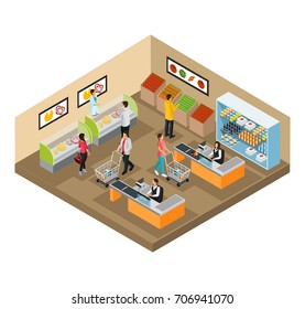 Isometric grocery shop concept with cashiers carts baskets shelves customers choosing and buying products vector illustration