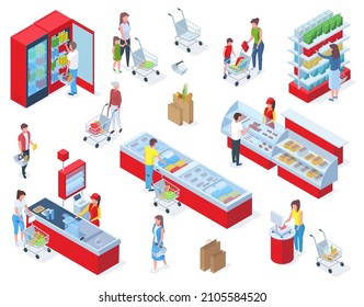 Isometric grocery shopping, people buying food in supermarket. Grocery store shopping, customers buying food in grocery market vector illustration set. Foodstuffs store isometric grocery