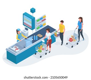 Isometric Grocery Store Counter Line, People At Supermarket Queue. Customers Waiting In Supermarket Check-outs Line Vector Illustration. Grocery Supermarket Checkout. Supermarket Store And Grocery