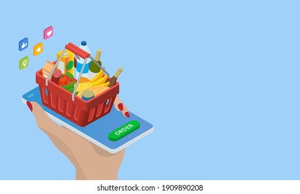 Isometric grocery store, online market, home delivery. grocery shopping online. Buying fresh vegetables, fruits, milk, bread, sausage through the smartphone while sitting at home.