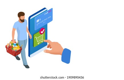 Isometric grocery store, online market, home delivery. grocery shopping online. Buying fresh vegetables, fruits, milk, bread, sausage through the smartphone while sitting at home.