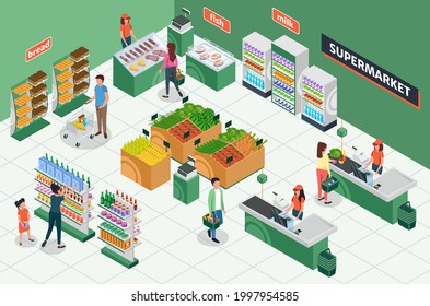 Isometric grocery store. Supermarket interior with furniture, customers, cashier. People buying groceries, shopping mall 3d vector layout. Man and woman with baskets and carts buying goods