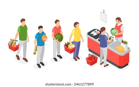 Isometric grocery store waiting line to cash service. Queue to cashier, people buy food and drinks, vegetables and fruits. Supermarket flawless vector scene