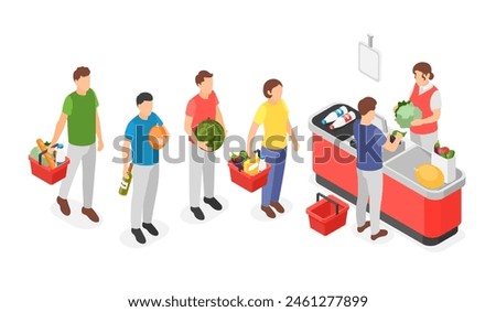 Isometric grocery store waiting line to cash service. Queue to cashier, people buy food and drinks, vegetables and fruits. Supermarket flawless vector scene