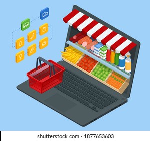 Isometric Grocery Supermarket, Food and Eats Online Buying and Delivery. E-commerce concept order food online website. Health food delivery online service.