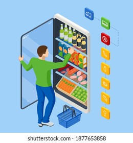 Isometric Grocery Supermarket, Food and Eats Online Buying and Delivery. E-commerce concept order food online website. Health food delivery online service.