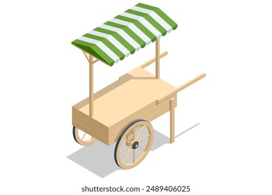 Isometric grocery wooden kiosks with canopy. Farm shop. Local stall market.