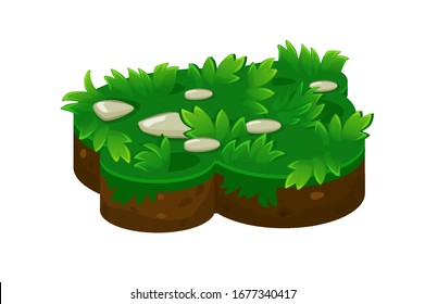 Isometric ground island platform with grass and stones. Layers of soil for the game.