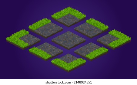 Isometric ground tiles game texture, paving stones with lawn grass. User interface elements for landscaping and world creation. Garden or farm isolated square landscape blocks, 3d Vector illustration