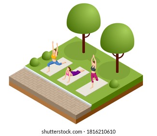 Isometric Group Of Adults Attending A Yoga Class Outside In Park. Healthy Life Concept.