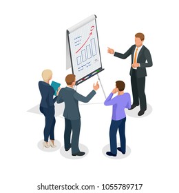 Isometric Group Of Business People Looking At The Graph On Flipchart