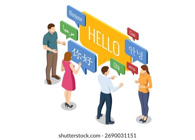 Isometric group of people communicating in multiple languages with speech bubbles. Concept of multilingual communication and global language learning.