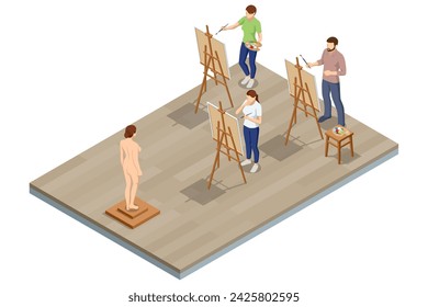 Isometric Group of people during classes in school of painters. Male artist painting female model at art studio. Painting, drawing and artwork concept. Art, creativity, hobby, job and creative