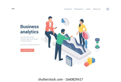 Isometric group of people examining and discussing charts while representing business analytics company on advertisement website banner
